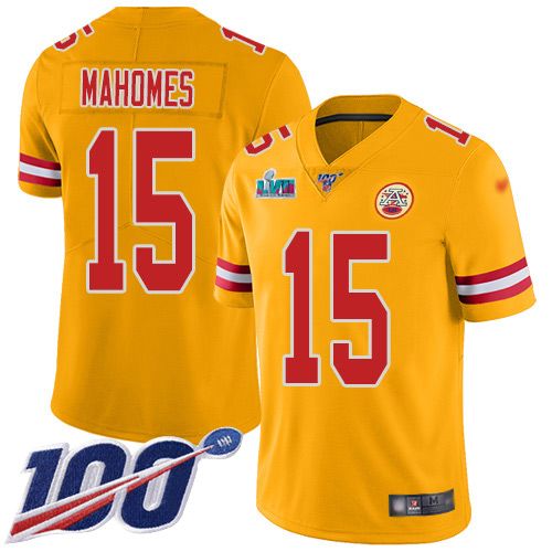 Chiefs #15 Patrick Mahomes Gold Super Bowl LVII Patch Men's Stitched Limited Inverted Legend 100th Season Jersey