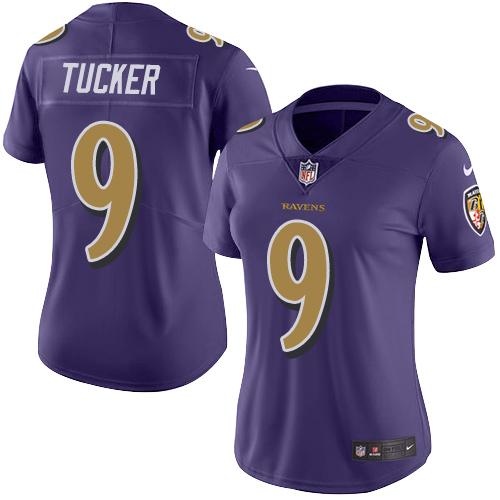 Ravens #9 Justin Tucker Purple Women's Stitched Limited Rush Jersey