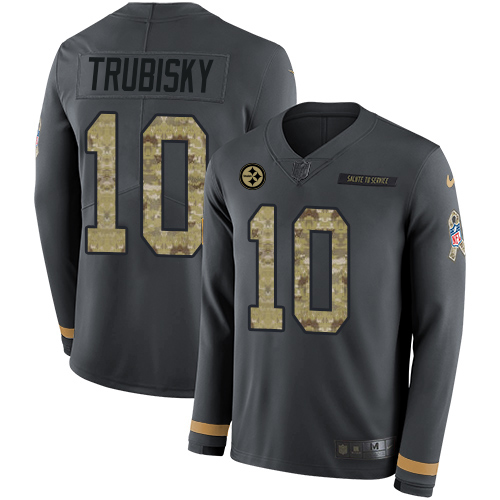 Steelers #10 Mitchell Trubisky Anthracite Salute To Service Youth Stitched Limited Therma Long Sleeve Jersey