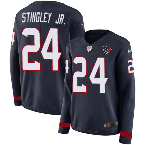 Texans #24 Derek Stingley Jr. Navy Blue Team Color Women's Stitched Limited Therma Long Sleeve Jersey
