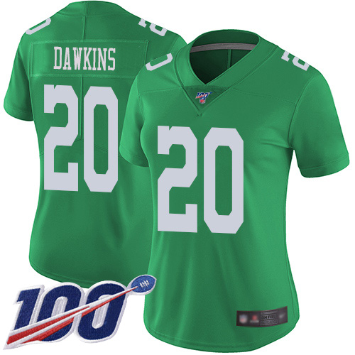 Eagles #20 Brian Dawkins Green Women's Stitched Limited Rush 100th Season Jersey