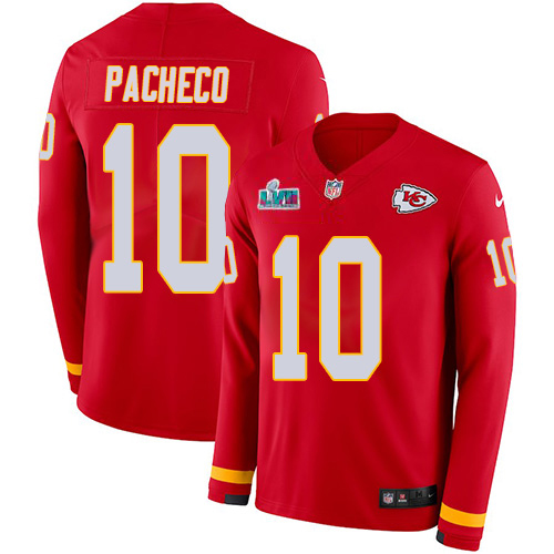 Chiefs #10 Isiah Pacheco Red Team Color Super Bowl LVII Patch Youth Stitched Limited Therma Long Sleeve Jersey