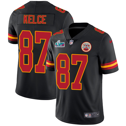 Chiefs #87 Travis Kelce Black Super Bowl LVII Patch Youth Stitched Limited Rush Jersey