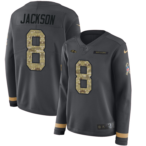 Ravens #8 Lamar Jackson Anthracite Salute To Service Women's Stitched Limited Therma Long Sleeve Jersey