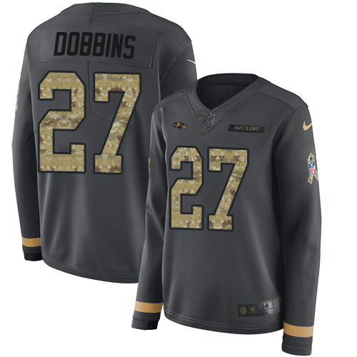 Baltimore Ravens #27 J.K. Dobbins Anthracite Salute to Service Women's Stitched Limited Therma Long Sleeve Jersey Womens