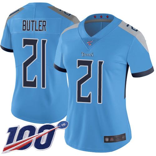 Tennessee Titans #21 Malcolm Butler Light Blue Alternate Women's Stitched 100th Season Vapor Limited Jersey Womens