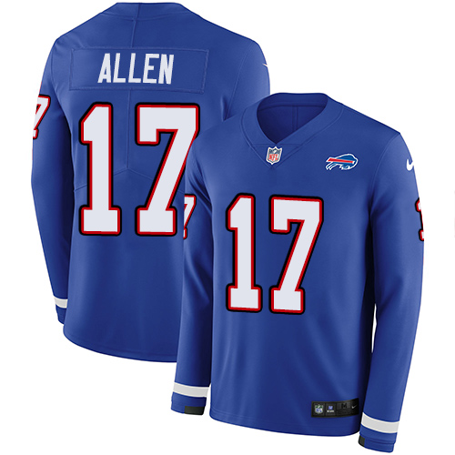 Bills #17 Josh Allen Royal Blue Team Color Men's Stitched Limited Therma Long Sleeve Jersey