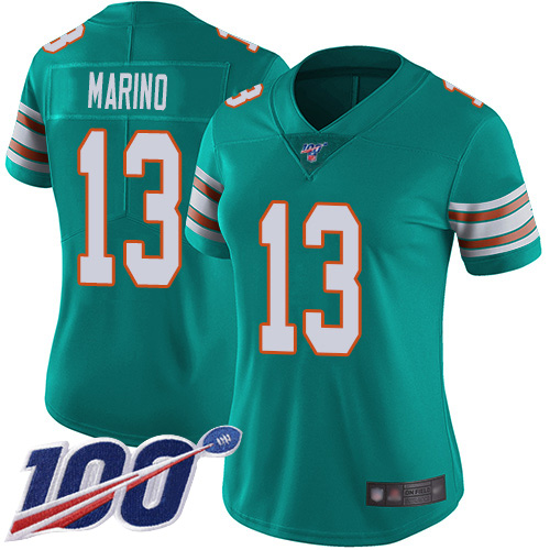 Dolphins #13 Dan Marino Aqua Green Alternate Women's Stitched 100th Season Vapor Limited Jersey