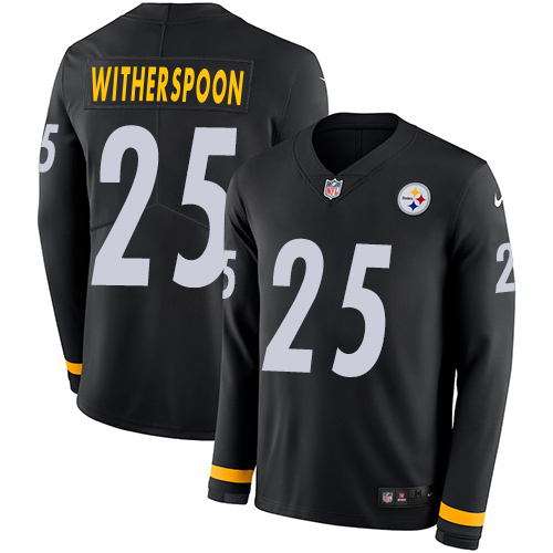 Steelers #25 Ahkello Witherspoon Black Team Color Youth Stitched Limited Therma Long Sleeve Jersey