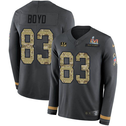 Bengals #83 Tyler Boyd Anthracite Super Bowl LVI Patch Salute To Service Men's Stitched Limited Therma Long Sleeve Jersey