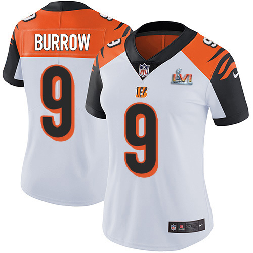 Bengals #9 Joe Burrow White Super Bowl LVI Patch Women's Stitched Vapor Untouchable Limited Jersey
