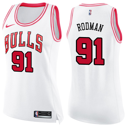 Chicago Bulls #91 Dennis Rodman White/Pink Womens Swingman Fashion Jersey Womens