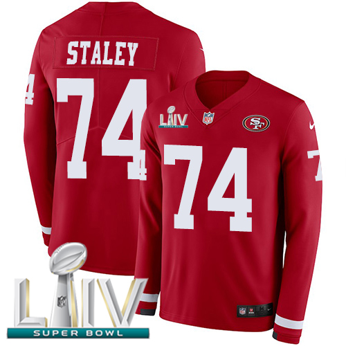 San Francisco 49ers #74 Joe Staley Red Super Bowl LIV 2020 Team Color Youth Stitched Limited Therma Long Sleeve Jersey Youth