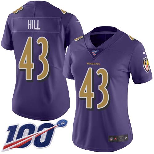 Baltimore Ravens #43 Justice Hill Purple Women's Stitched Limited Rush 100th Season Jersey Womens
