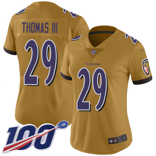 Baltimore Ravens #29 Earl Thomas III Gold Women's Stitched Limited Inverted Legend 100th Season Jersey Womens