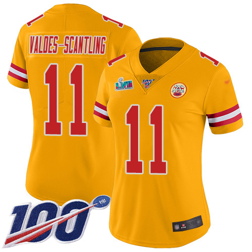 Chiefs #11 Marquez Valdes-Scantling Gold Super Bowl LVII Patch Women's Stitched Limited Inverted Legend 100th Season Jersey