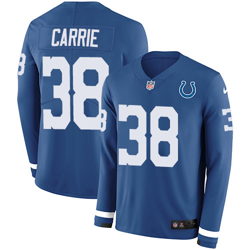 Indianapolis Colts #38 T.J. Carrie Royal Blue Team Color Men's Stitched Limited Therma Long Sleeve Jersey Men's