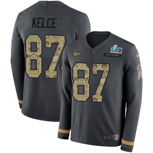 Chiefs #87 Travis Kelce Anthracite Super Bowl LVII Patch Salute To Service Youth Stitched Limited Therma Long Sleeve Jersey
