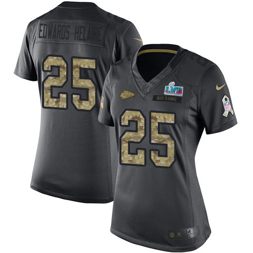 Chiefs #25 Clyde Edwards-Helaire Black Super Bowl LVII Patch Women's Stitched Limited 2016 Salute To Service Jersey