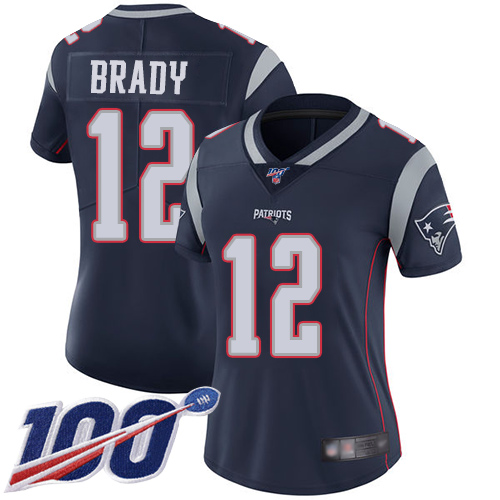 Patriots #12 Tom Brady Navy Blue Team Color Women's Stitched 100th Season Vapor Limited Jersey