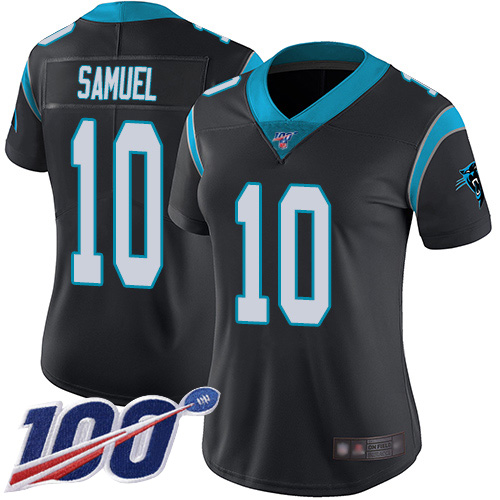 Carolina Panthers #10 Curtis Samuel Black Team Color Women's Stitched 100th Season Vapor Limited Jersey Womens