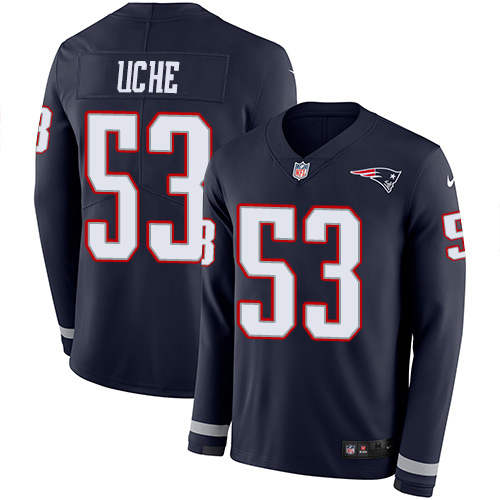New England Patriots #53 Josh Uche Navy Blue Team Color Men's Stitched Limited Therma Long Sleeve Jersey Men's