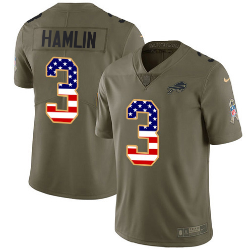 Bills #3 Damar Hamlin Olive/USA Flag Men's Stitched Limited 2017 Salute To Service Jersey