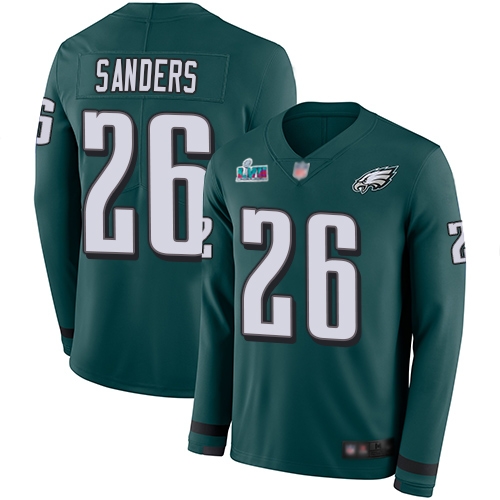 Eagles #26 Miles Sanders Green Super Bowl LVII Patch Team Color Youth Stitched Limited Therma Long Sleeve Jersey