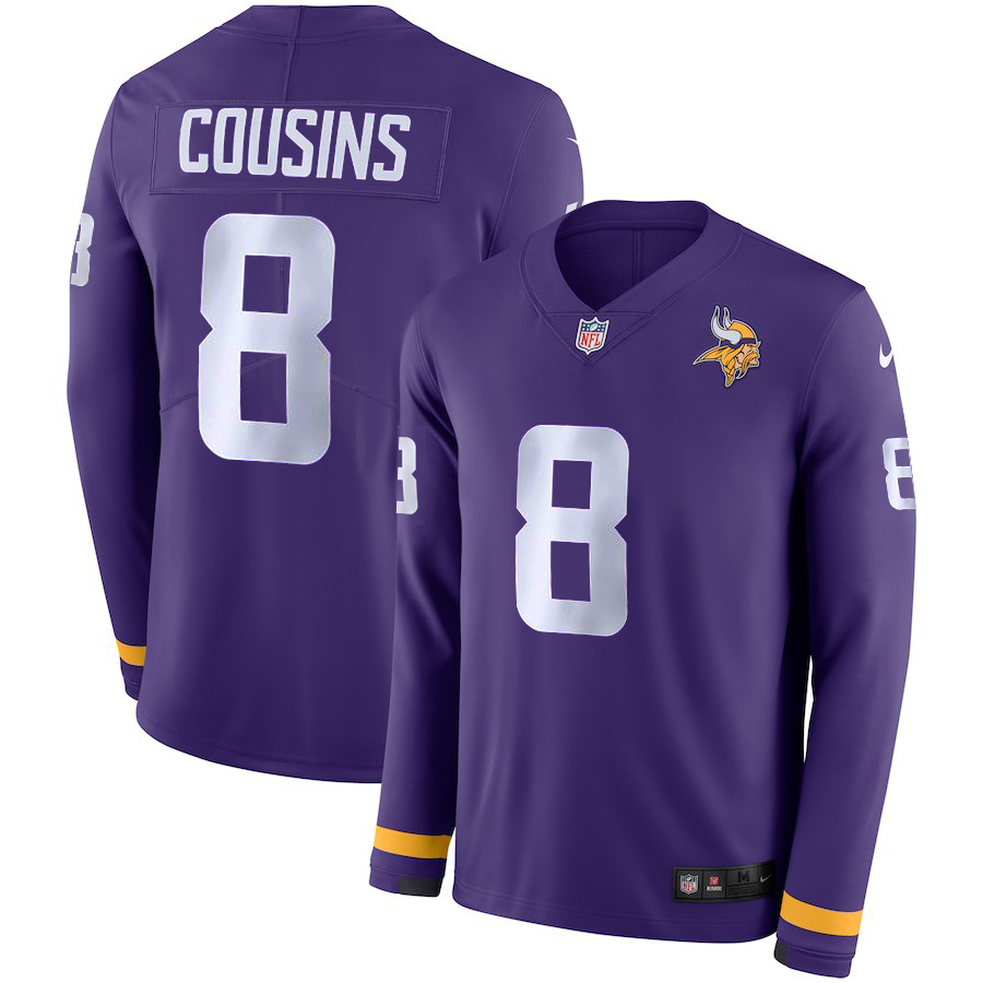 Men's Vikings #8 Kirk Cousins Purple Team Color Men's Stitched Limited Therma Long Sleeve Jersey