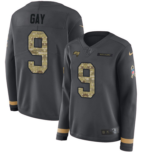 Tampa Bay Buccaneers #9 Matt Gay Anthracite Salute to Service Women's Stitched Limited Therma Long Sleeve Jersey Womens