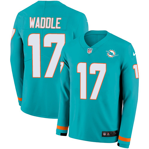Dolphins #17 Jaylen Waddle Aqua Green Team Color Men's Stitched Limited Therma Long Sleeve Jersey
