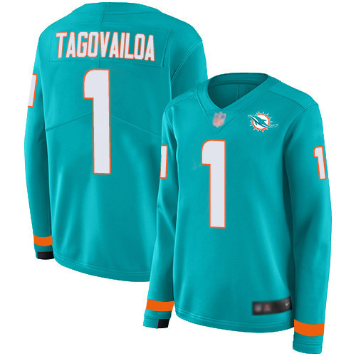Dolphins #1 Tua Tagovailoa Aqua Green Team Color Women's Stitched Limited Therma Long Sleeve Jersey