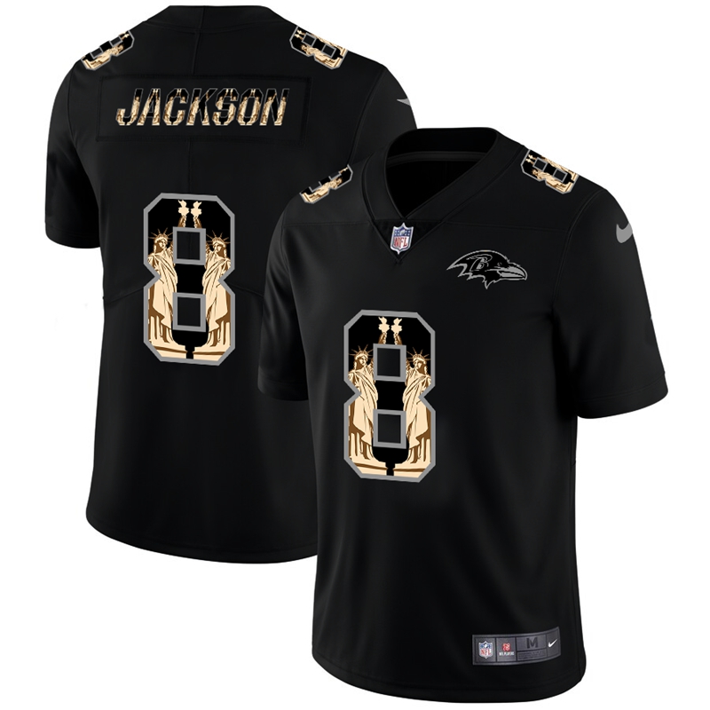 Baltimore Ravens #8 Lamar Jackson Carbon Black Vapor Statue Of Liberty Limited Jersey