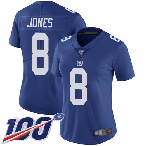 Giants #8 Daniel Jones Royal Blue Team Color Women's Stitched 100th Season Vapor Limited Jersey