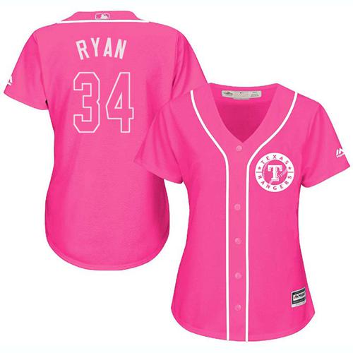 Texas Rangers #34 Nolan Ryan Pink Fashion Women's Stitched Jersey Womens