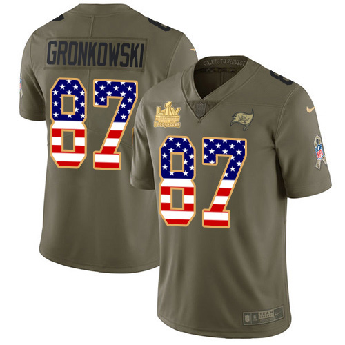 Buccaneers #87 Rob Gronkowski Olive/USA Flag Youth Super Bowl LV Champions Patch Stitched Limited 2017 Salute To Service Jersey
