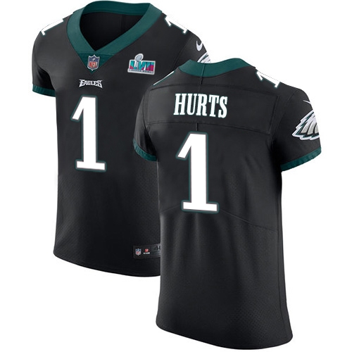 Eagles #1 Jalen Hurts Black Super Bowl LVII Patch Alternate Men's Stitched Vapor Untouchable Elite Jersey