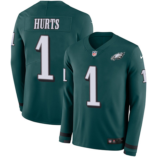 Eagles #1 Jalen Hurts Green Team Color Men's Stitched Limited Therma Long Sleeve Jersey