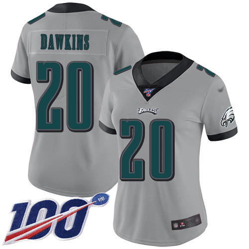 Eagles #20 Brian Dawkins Silver Women's Stitched Limited Inverted Legend 100th Season Jersey