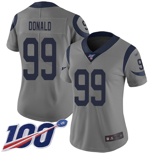 Rams #99 Aaron Donald Gray Women's Stitched Limited Inverted Legend 100th Season Jersey