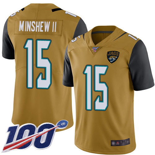 Jacksonville Jaguars #15 Gardner Minshew II Gold Youth Stitched Limited Rush 100th Season Jersey Youth