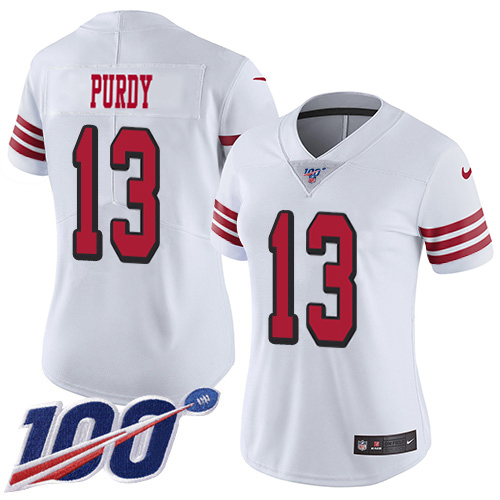 49ers #13 Brock Purdy White Rush Women's Stitched Limited 100th Season Jersey