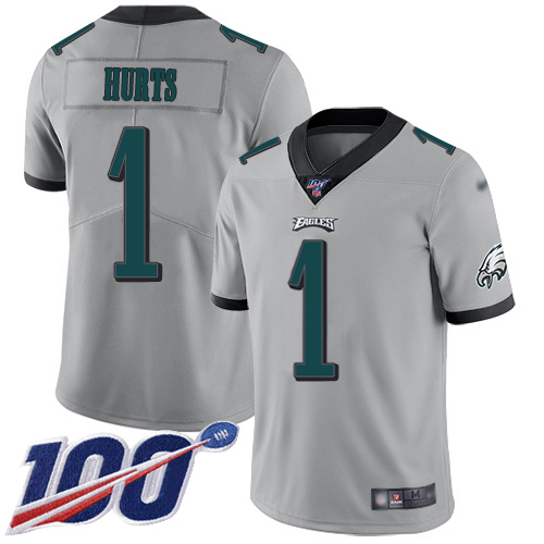 Eagles #1 Jalen Hurts Silver Men's Stitched Limited Inverted Legend 100th Season Jersey