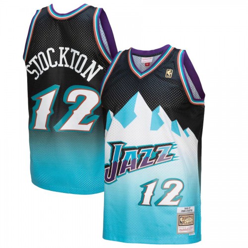 Utah Utah Jazz #12 John Stockton Mitchell & Ness Mens Black/Light Blue 1996/97 Hardwood Classics Fadeaway Swingman Player Jersey Mens