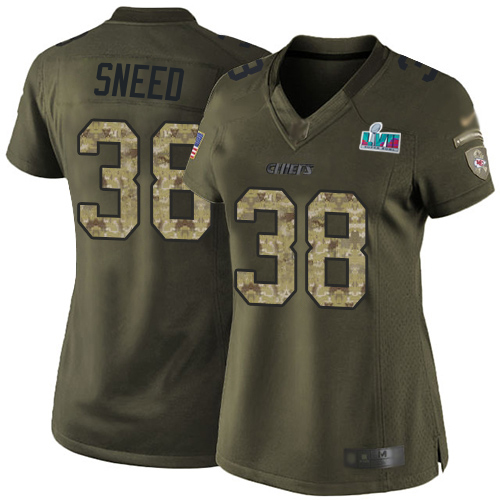 Chiefs #38 L'Jarius Sneed Green Super Bowl LVII Patch Women's Stitched Limited 2015 Salute To Service Jersey