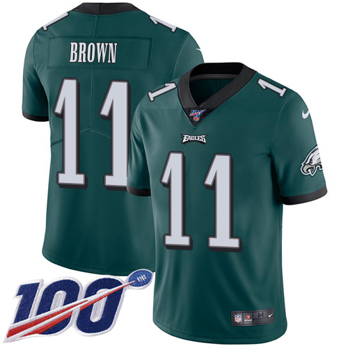 Eagles #11 A.J. Brown Green Team Color Men's Stitched 100th Season Vapor Untouchable Limited Jersey