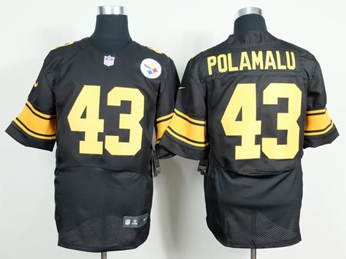 Steelers #43 Troy Polamalu Black(Gold No.) Men's Stitched Elite Jersey