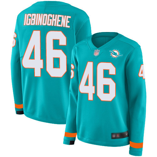 Miami Dolphins #46 Noah Igbinoghene Aqua Green Team Color Women's Stitched Limited Therma Long Sleeve Jersey Womens