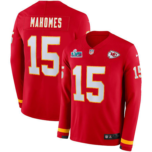 Chiefs #15 Patrick Mahomes Red Team Color Super Bowl LVII Patch Men's Stitched Limited Therma Long Sleeve Jersey