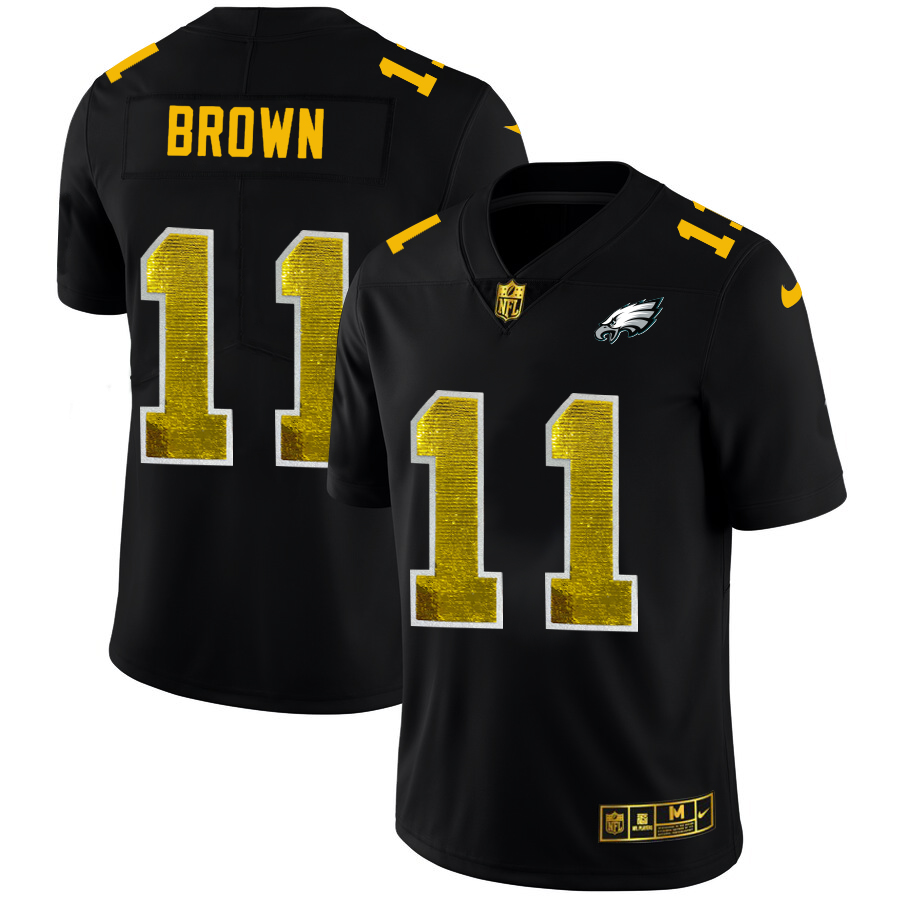 Philadelphia Eagles #11 A.J. Brown Men's Black Golden Sequin Vapor Limited Jersey
